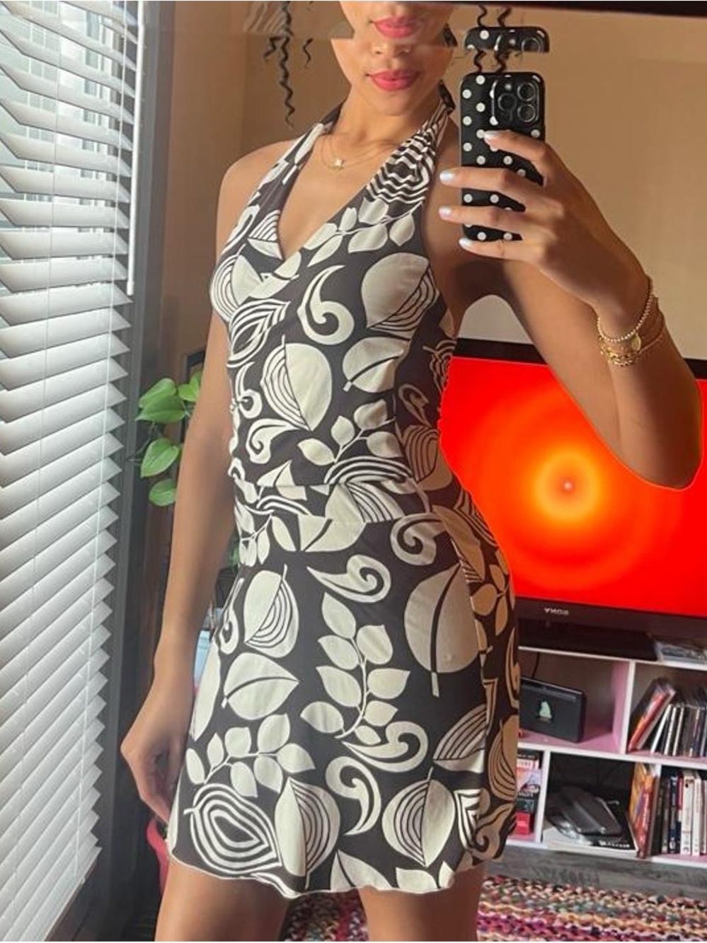 vintage y2k brown and white halter tie neck mini dress, abstract paisley design